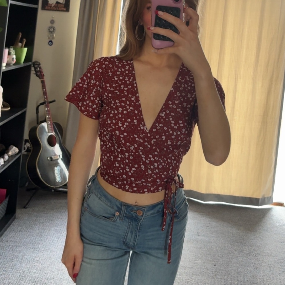 SHEIN Red Flutter Sleeve Wrap Blouse
